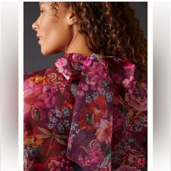 Anthropologie Purlple pink chiffon blouse with flower print size small - Picture 4 of 14